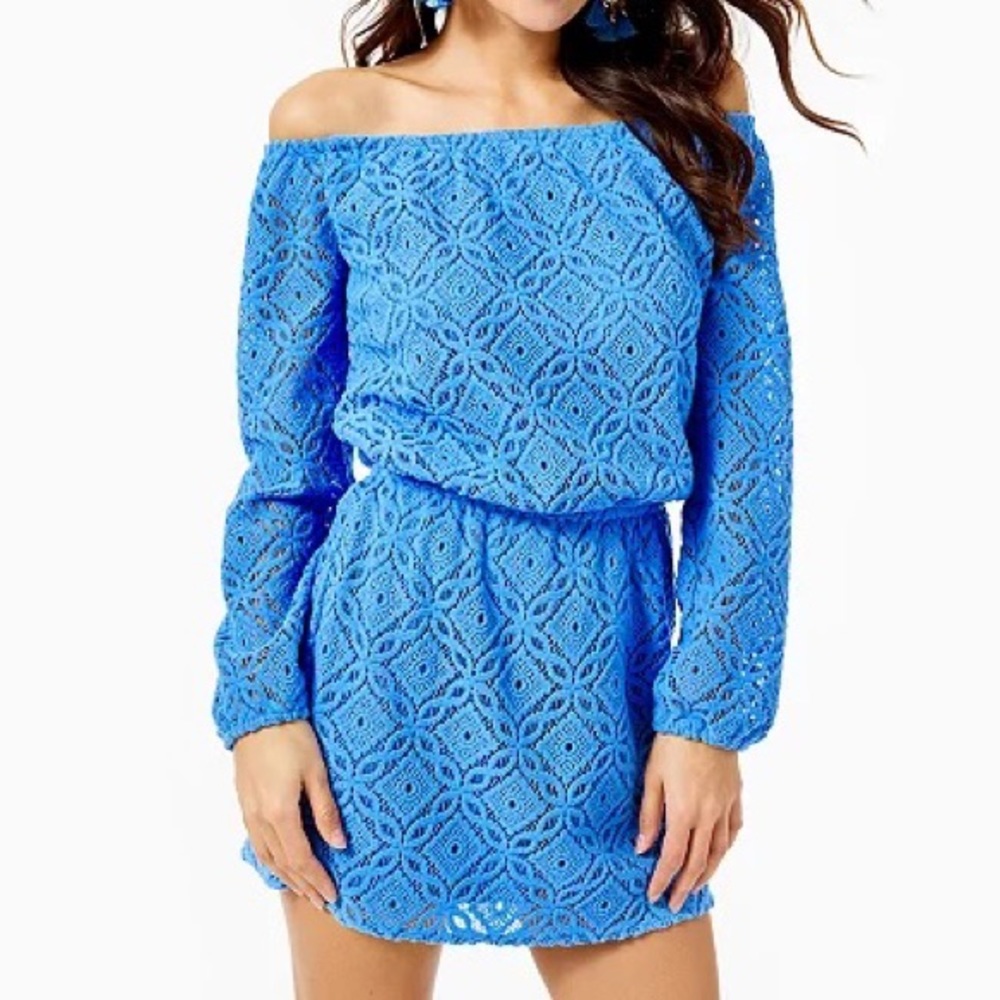 Lilly Pulitzer Lana Off The Shoulder Skort Romper Blue Thistle Trellis Lace XXS